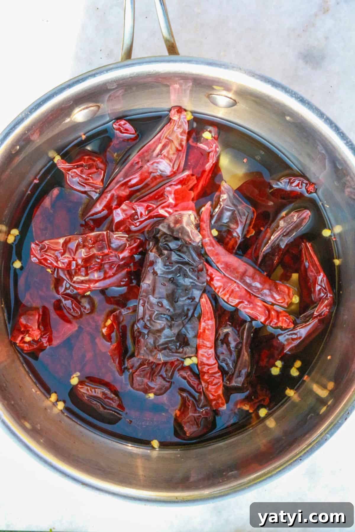 dried chiles in water in a saucepan