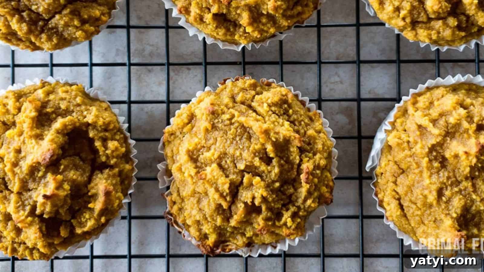 21 Snack Swaps That Beat Junk Food Without Sacrificing Flavor 13 Six pumpkin muffins on a cooling rack with a grid pattern viewed from above.
