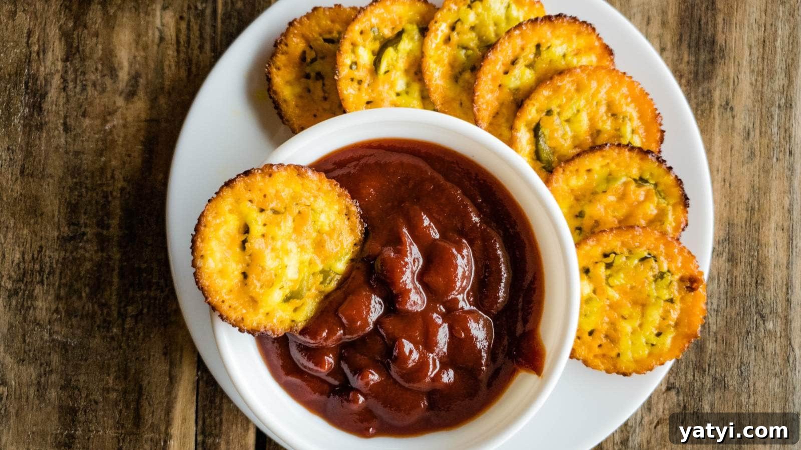 21 Snack Swaps That Beat Junk Food Without Sacrificing Flavor 14 Baked pickle cheese chips with bowl of ketchup on white plate.