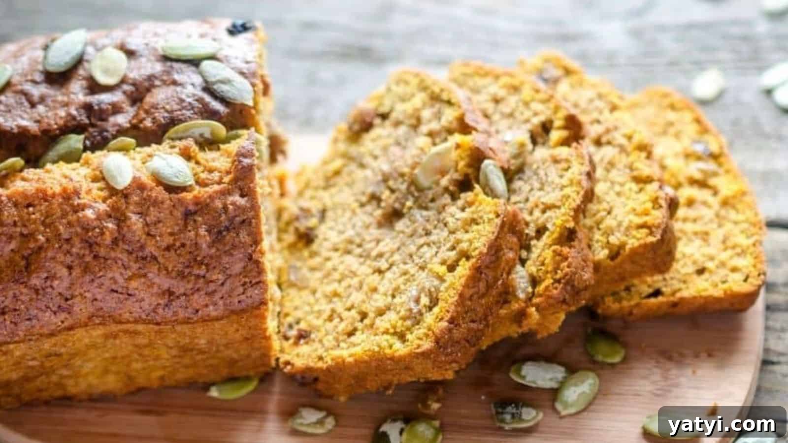21 Snack Swaps That Beat Junk Food Without Sacrificing Flavor 18 A loaf of pumpkin bread partially sliced on a wooden surface, with visible pumpkin seeds on top and inside the bread slices.