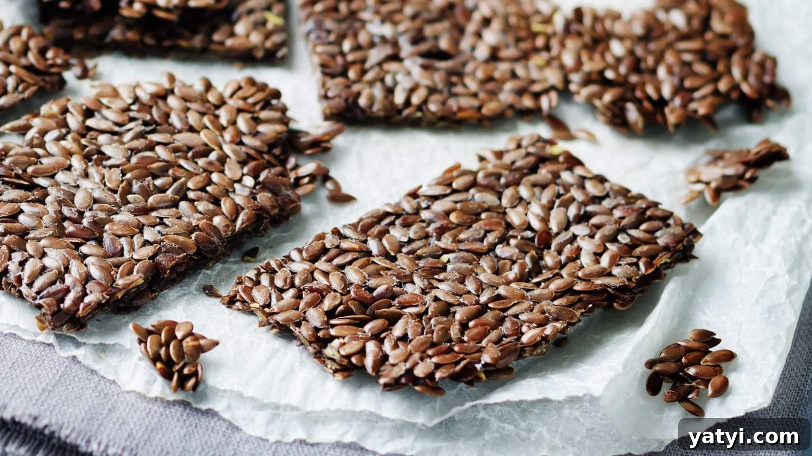 21 Snack Swaps That Beat Junk Food Without Sacrificing Flavor 22 Rectangular flaxseed crackers are arranged on a crumpled sheet of parchment paper with some seeds scattered around.