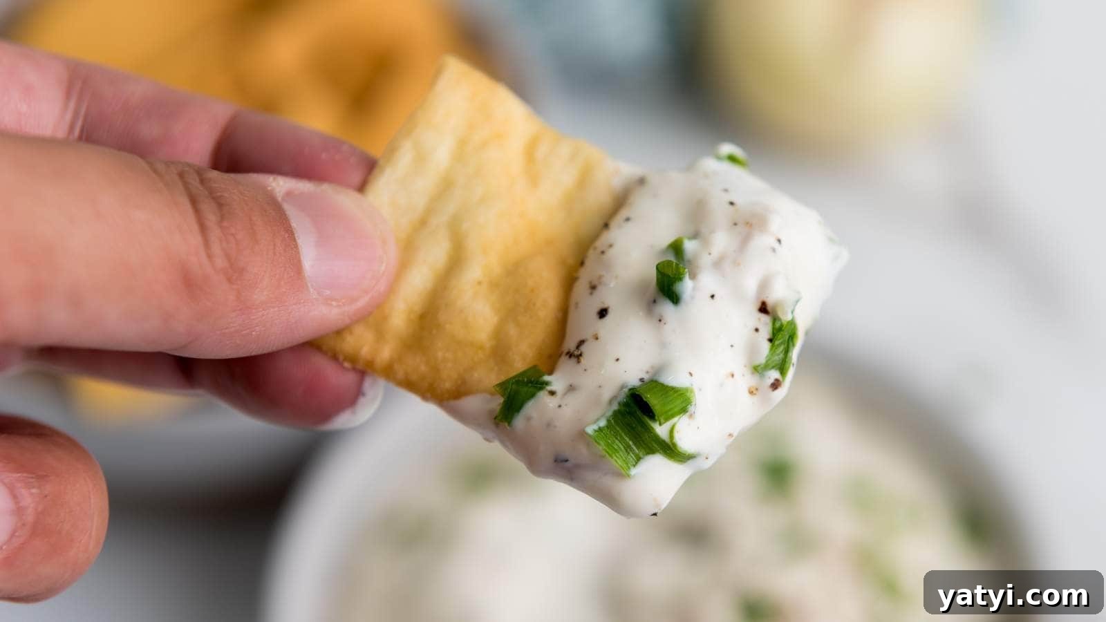 21 Snack Swaps That Beat Junk Food Without Sacrificing Flavor 9 A hand holds a cracker dipped in a creamy onion dip topped with chopped chives.