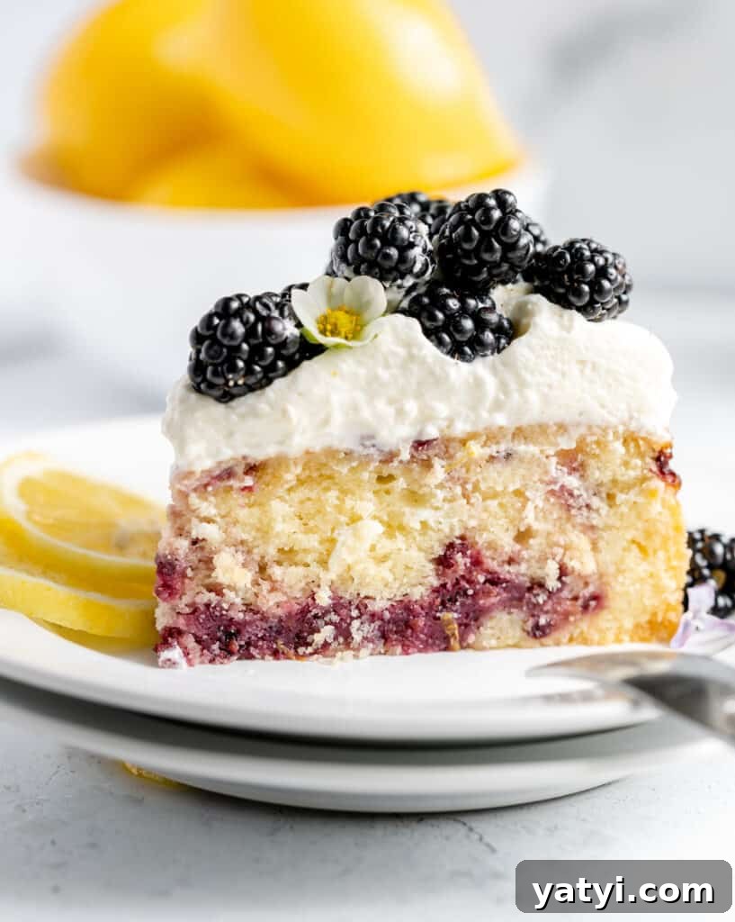 Copycat Starbucks Lemon Loaf Recipe: Moist Citrus Pound Cake Tutorial 13 A slice of cake with blackberry swirl, sliced lemons and whipped cream, topped with fresh blackberries