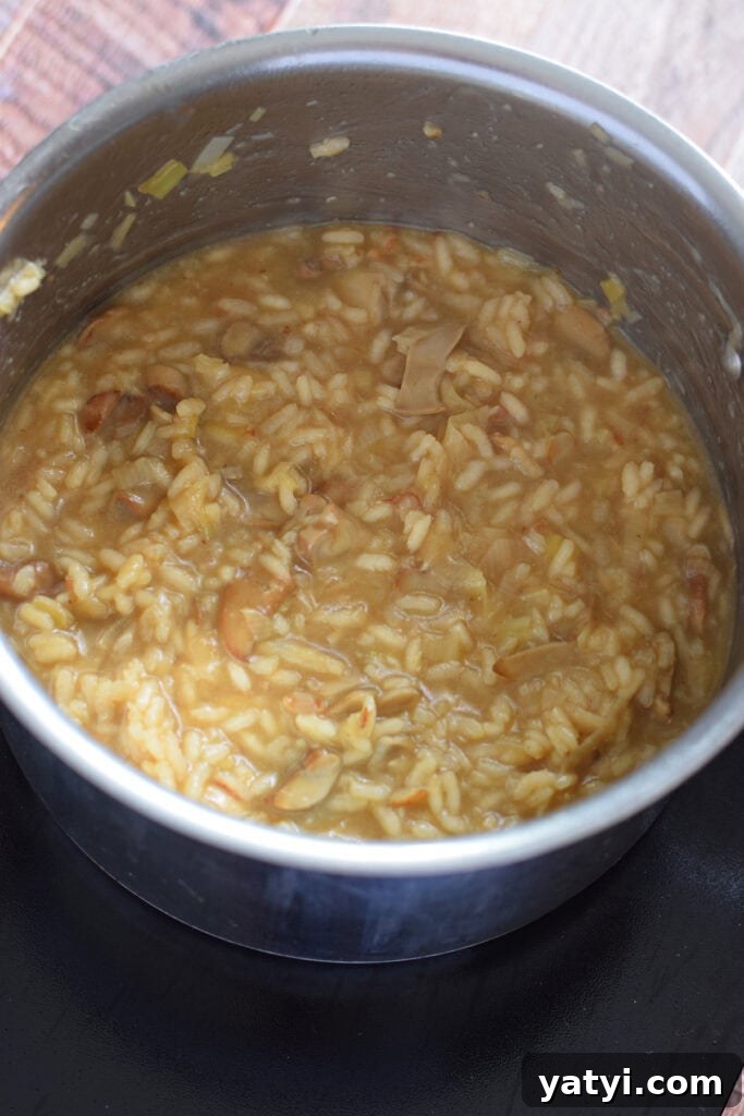 Creamy Mushroom and Leek Risotto Recipe for Cozy Dinners 12 Making risotto in a saucepan.