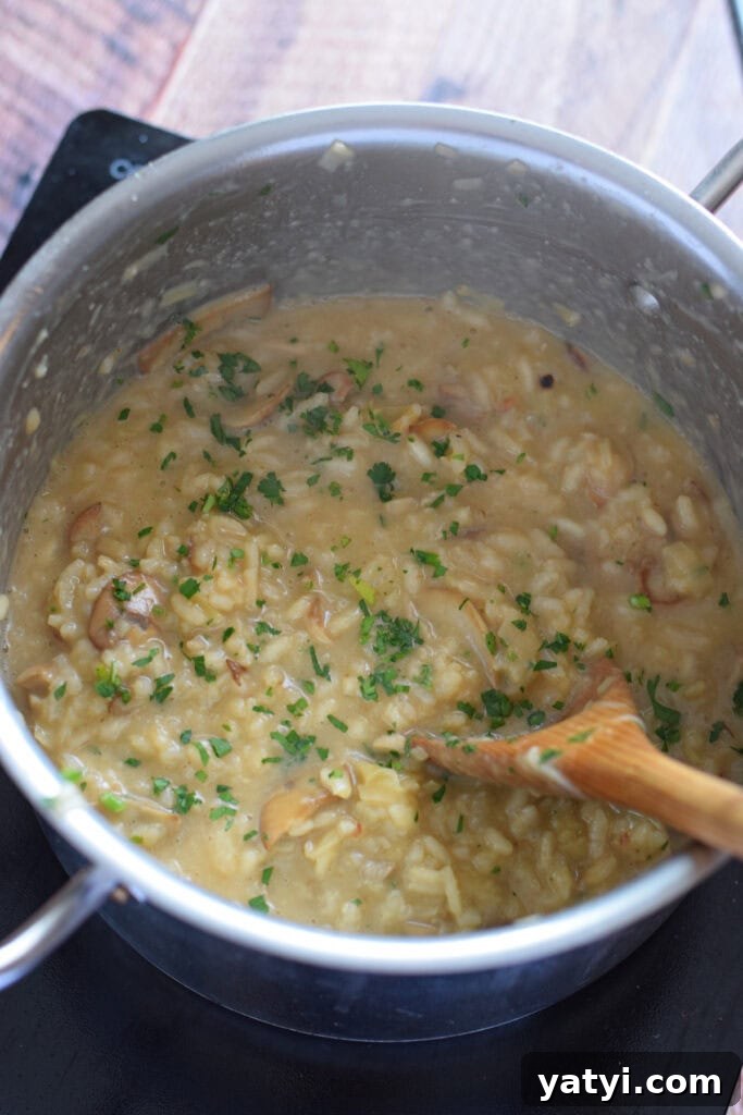 Creamy Mushroom and Leek Risotto Recipe for Cozy Dinners 14 Making risotto in a saucepan.