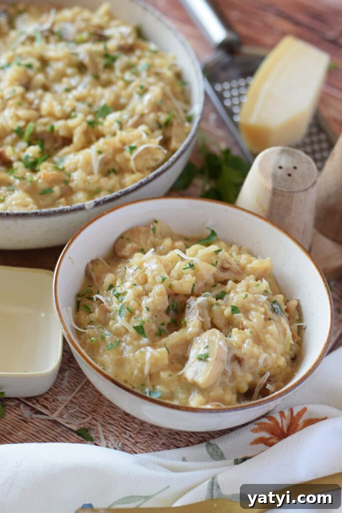 Creamy Mushroom and Leek Risotto Recipe for Cozy Dinners 16 Mushroom and leek risotto in a serving dish.
