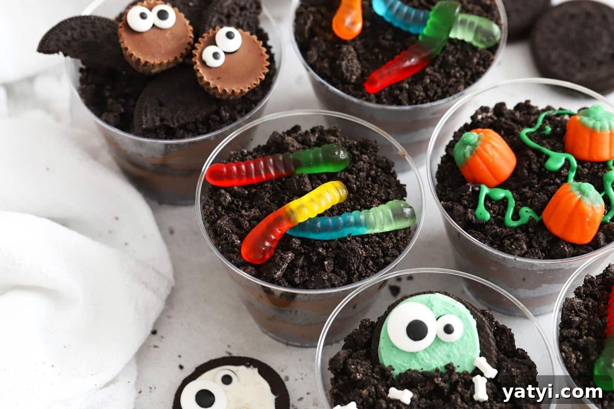 Gluten-Free Chocolate Dirt Pudding Recipe That Wows 9 gluten-free Halloween dirt pudding decorated to look like bats, monsters, pumpkins, and more
