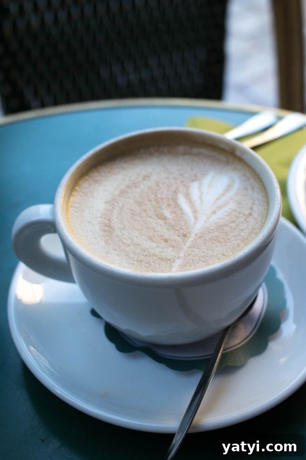 Greek Coffee Culture: A Guide to Greece’s Coffee Traditions 6 Cappuccino served in a lovely coffee cup and topped with a beautiful leaf.
