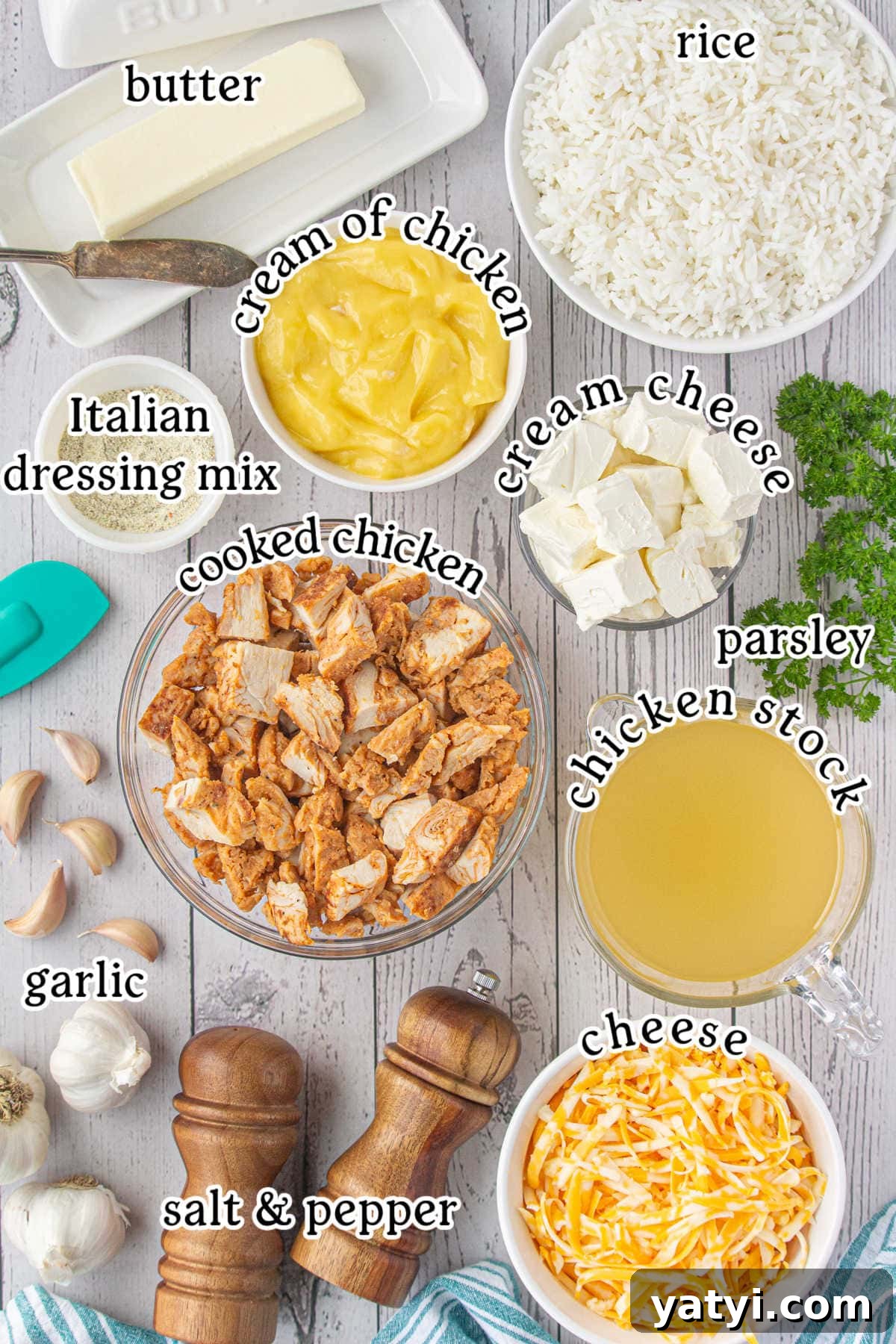 Creamy Angel Chicken and Rice Casserole Recipe 3 The recipe ingredients with text overlay.