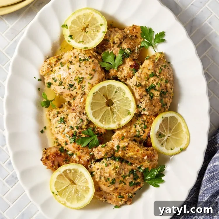 Weeknight Dinner Plan: Week 1 Meals & Grocery Guide 2 Platter of baked Greek yogurt lemon chicken topped with fresh parsley, lemon zest, and lemon slices, served with flavorful pan juices spooned over the chicken.