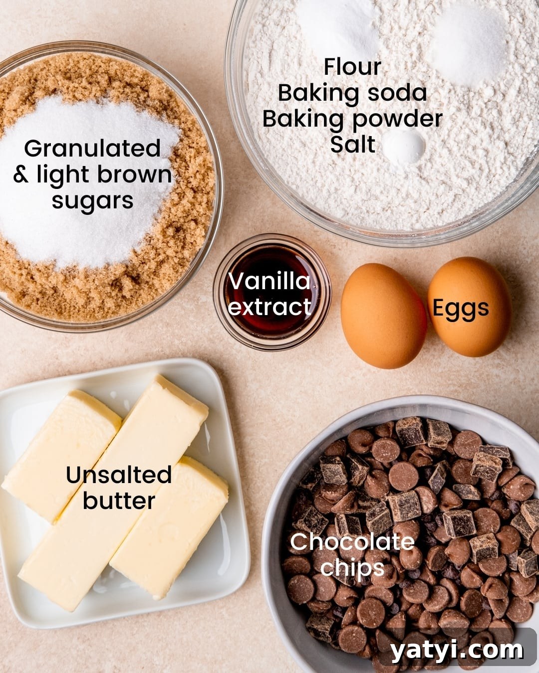 Ultimate Chewy Chocolate Chip Cookie Recipe 3 Classic chocolate chip cookie ingredients laid out and labeled.