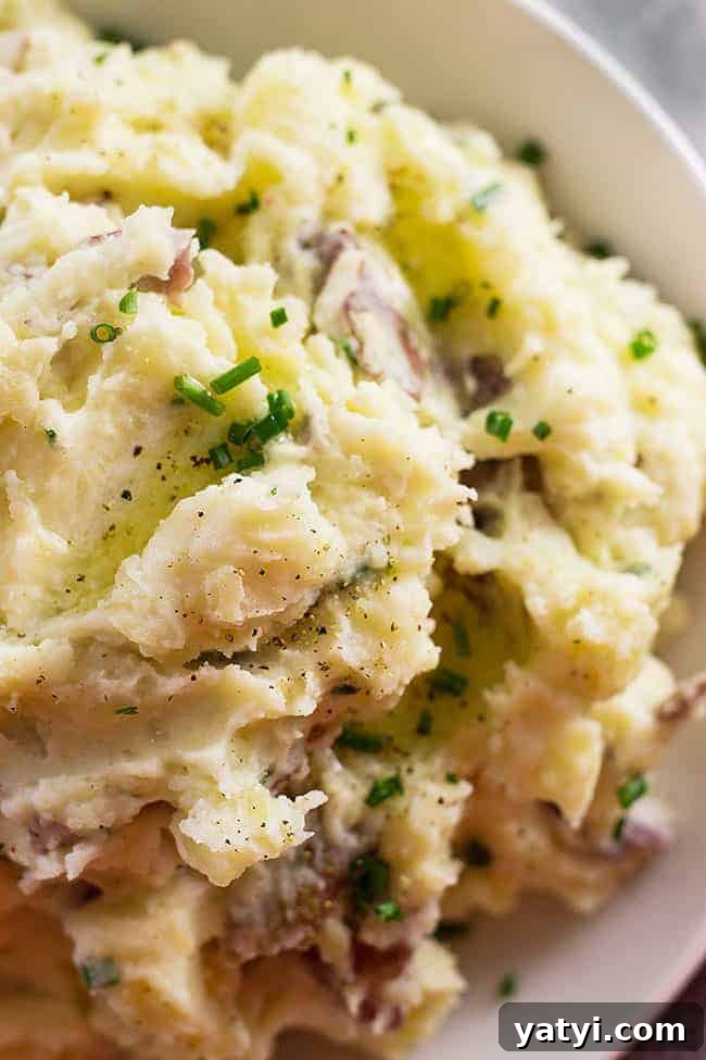 Creamy Chunky Mashed Potatoes with Rustic Texture 5 overhead extreme closeup: my chunky mashed potato recipe with seasonings and chives showing