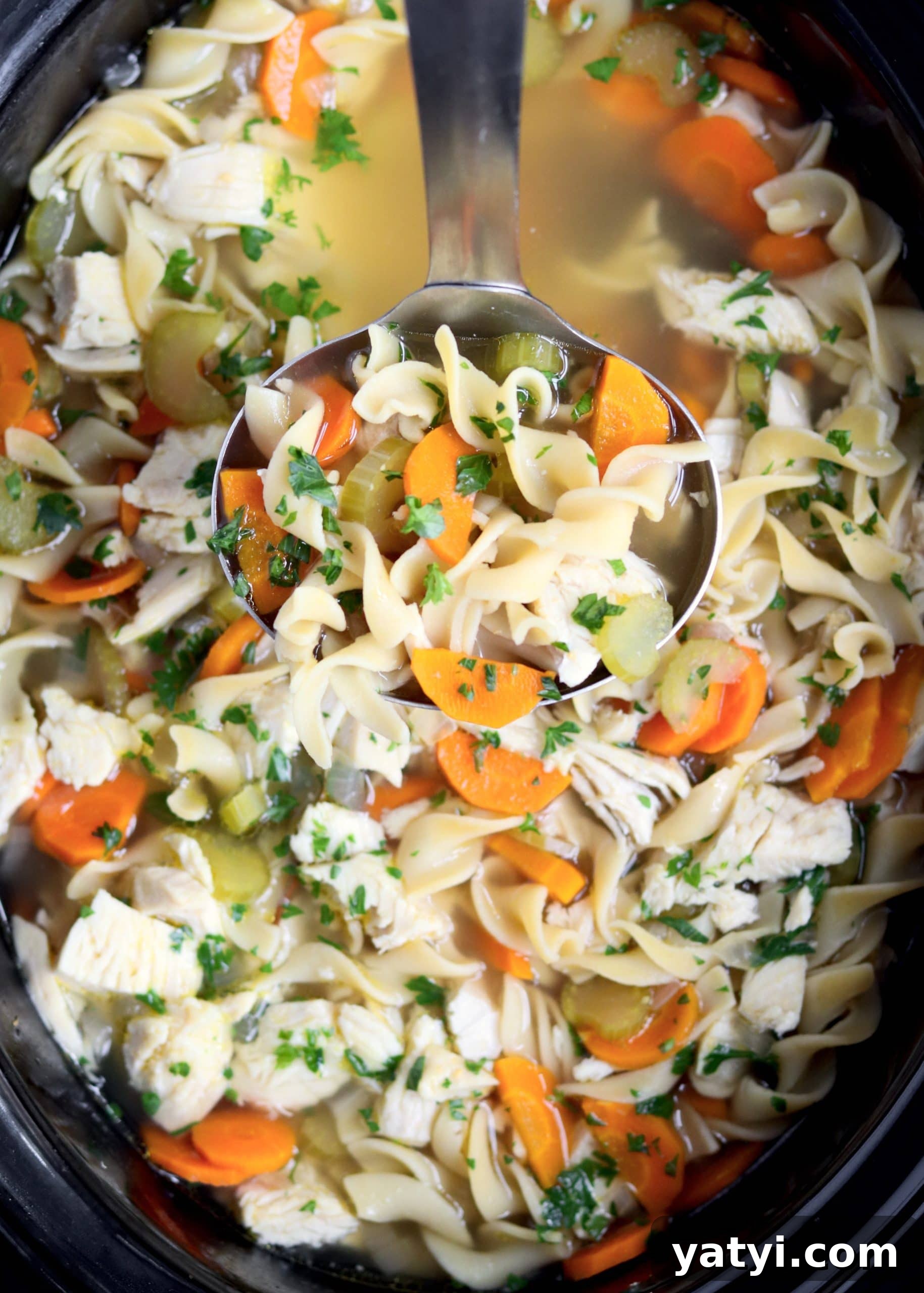 Hearty Slow Cooker Chicken Noodle Soup Recipe 4 Ladle holding spoon of chicken noodle soup over a crockpot.