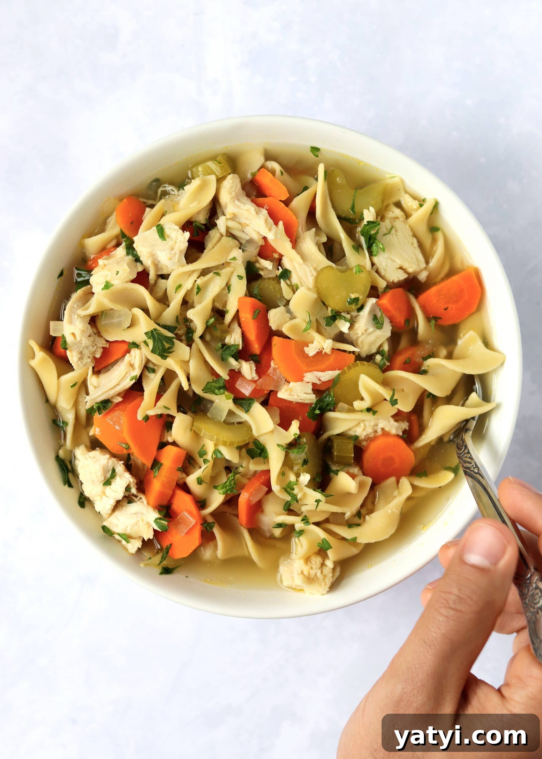 Hearty Slow Cooker Chicken Noodle Soup Recipe 5 Hand taking spoonful of chicken noodle soup.